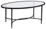Transitional Coffee Table, Scrollworked Metal Base With Beveled Glass Top, Black