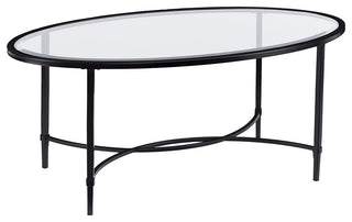 Transitional Coffee Table, Scrollworked Metal Base With Beveled Glass Top, Black