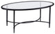 Transitional Coffee Table, Scrollworked Metal Base With Beveled Glass Top, Black