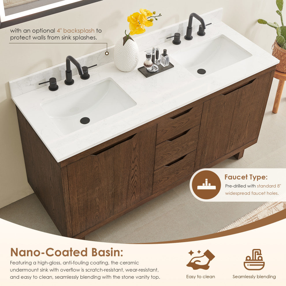 Mowry Bathroom Vanity, Brown Brushed Oak, 60", No Mirror