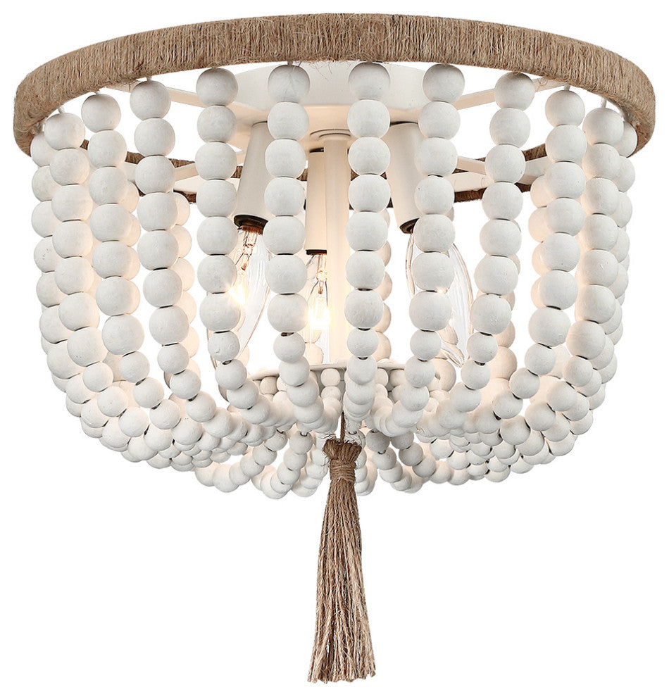 12.6" W 3-Light Bohemia Antique White Wood Beaded Flush Mount Ceiling Light