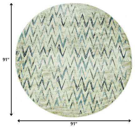 8" Round Beige Blue Distressed Chevron Area Rug