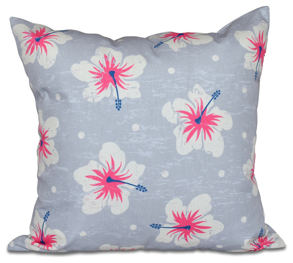Hibiscus Blooms, Floral Print Pillow, Gray, 16"x16"