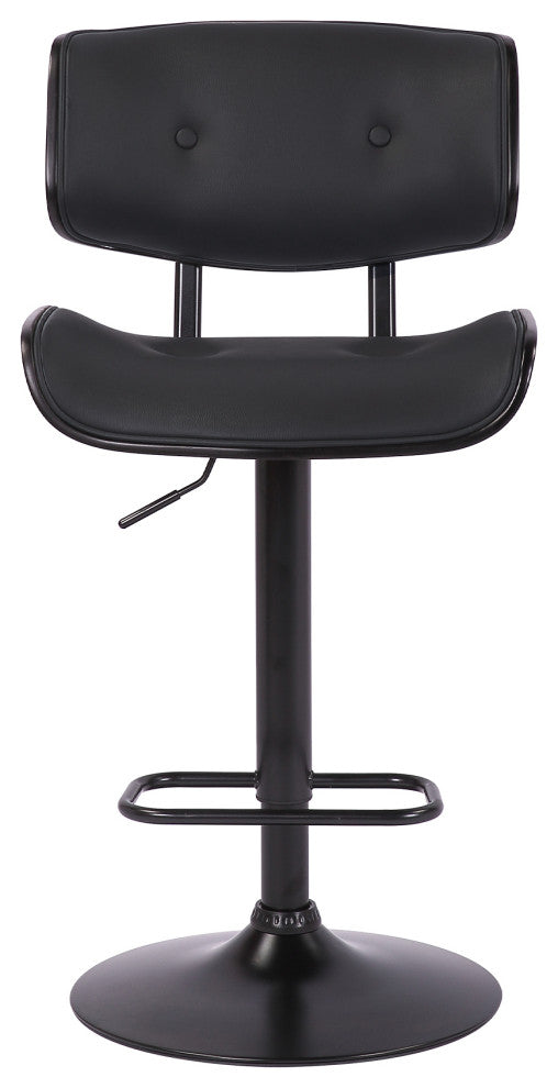 Brooklyn Adjustable Swivel Faux Leather and Wood Bar Stool With Metal Base, Black