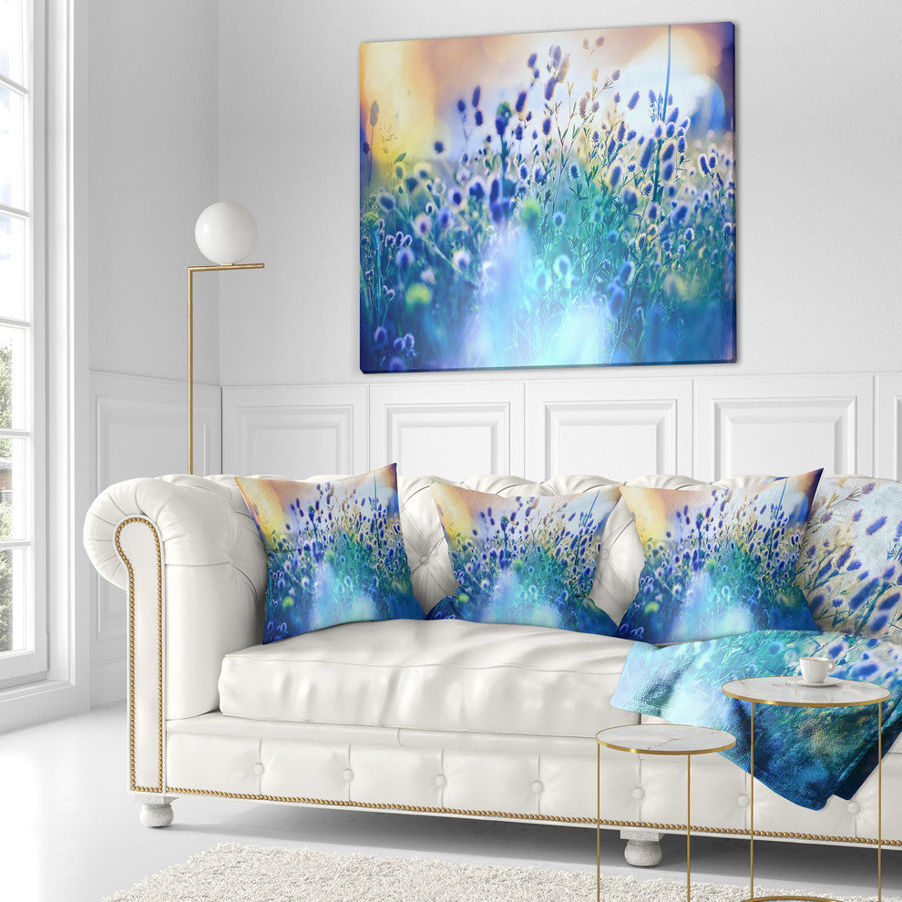 Blue Summer Flowers On Meadow Floral Throw Pillow, 16"x16"