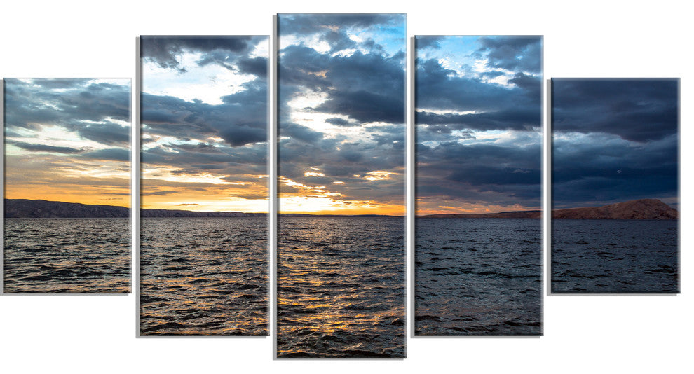 Beautiful Seascape under Cloudy Sky, Seashore Canvas Art, 60"x32", 5 Panels