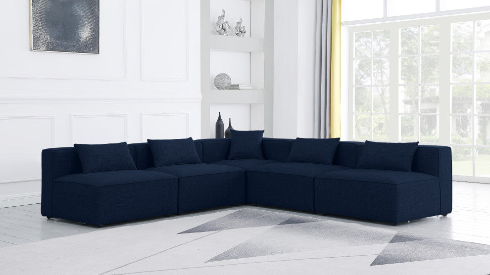 Cube Upholstered Modular Sectional, Navy, 5-Piece: 4 Armless Chair, 1 Corner Chair, Linen Texured Fabric