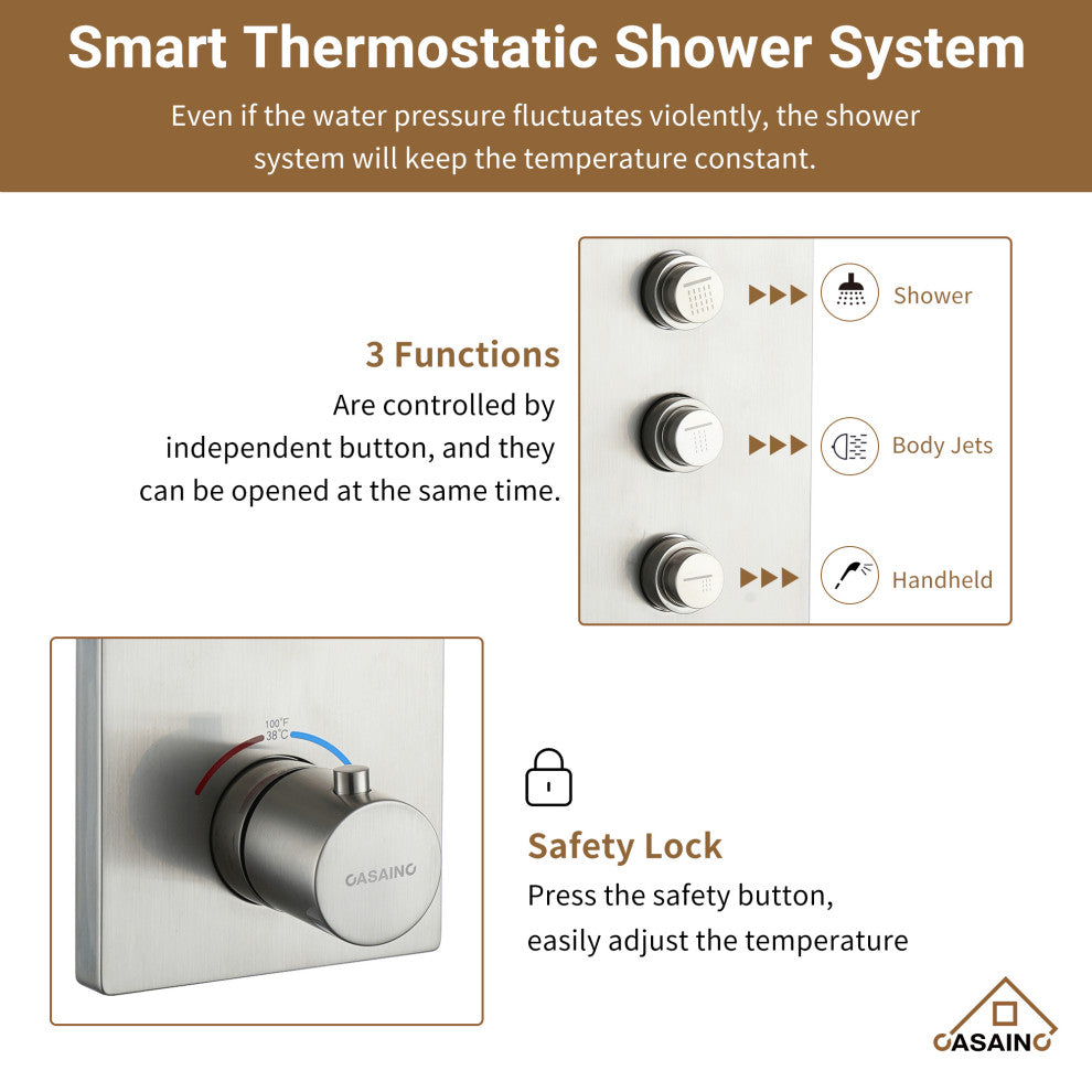 3 Functions 12 Inch Wall Mount Thermostatic Shower System, Brushed Nickel