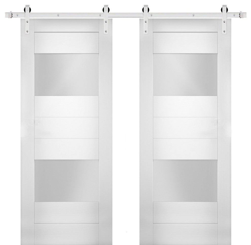 Double Barn Doors Opaque Glass / Sete 6222 White Silk / Silver 13FT Rail, 84" X 84" ( 2* 42x84)