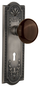 Meadows Plate Passage Brown Porcelain Knob, Antique Pewter