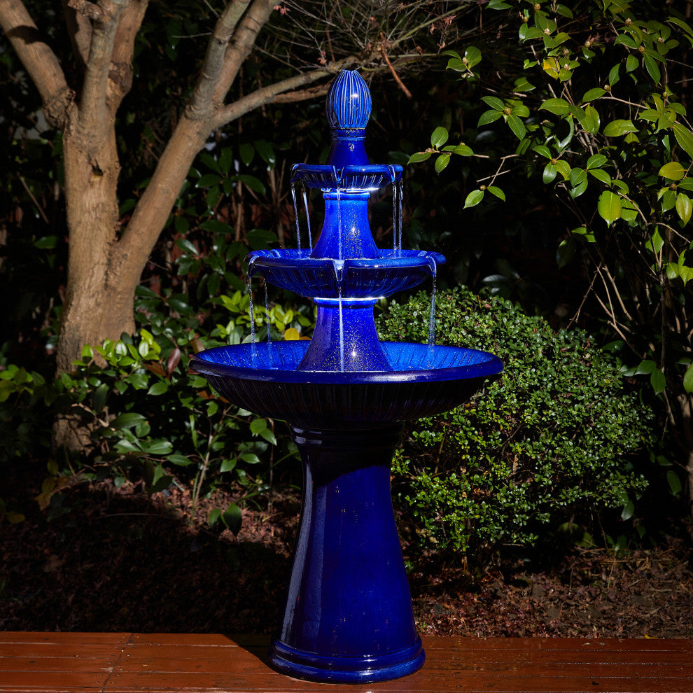 Cobalt Blue 3-Tier Ceramic Outdoor Fountain