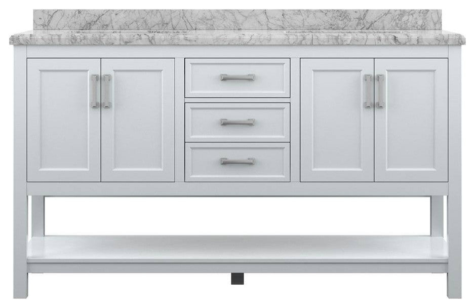 Affinity Bathroom Vanity With Carrara Marble Countertop, White, 61 in