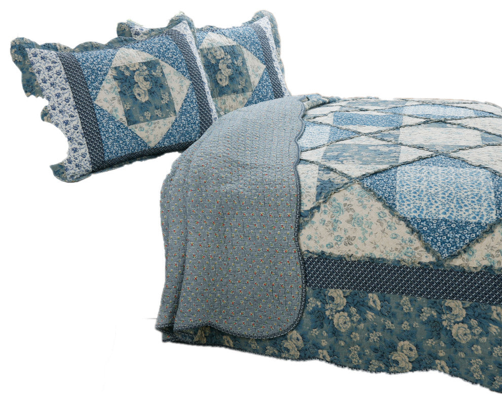 Eleanor Blue 3-Piece Patchwork 100%Cotton Quilt Set, King Set