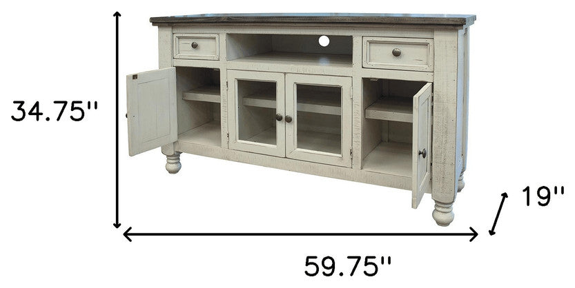 60" Ivory Solid Wood Open shelving Distressed TV Stand
