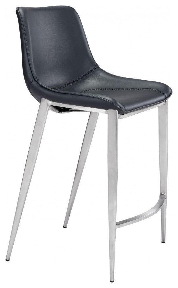 Set of Two Black Faux Leather and Steel Modern Stitch Bucket Counter Chairs