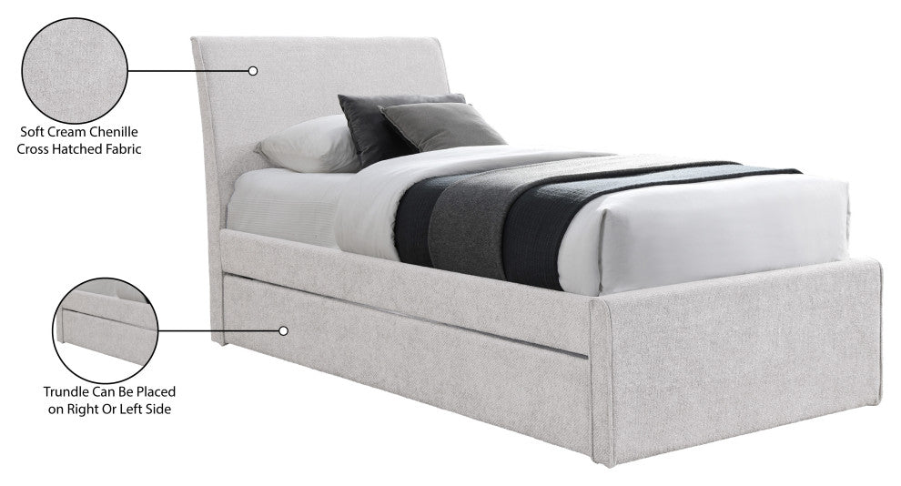 Myles Upholstered Trundle Bed, Cream, Twin, Chenille Fabric