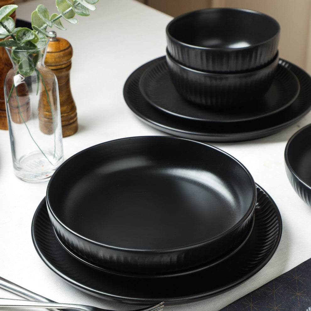 Stone Lain Logan Stoneware 16 Piece Dinnerware Set With Pasta Bowls, Black
