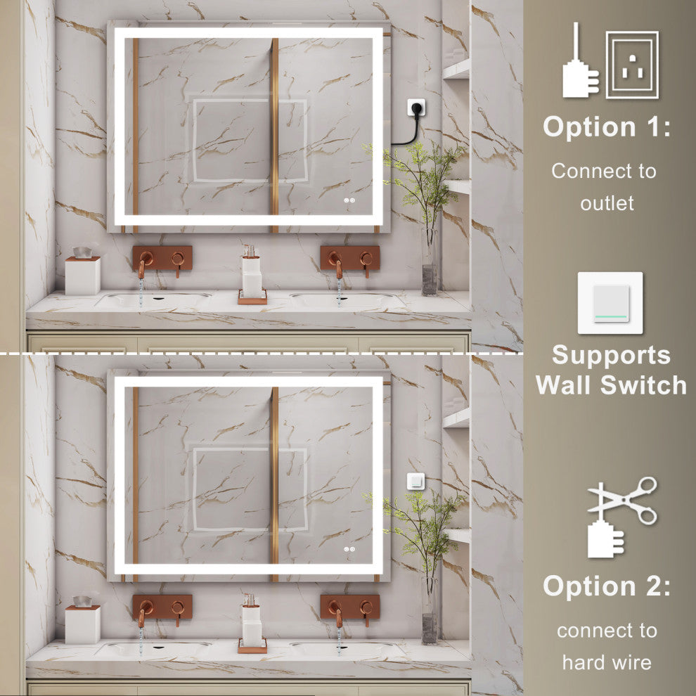 Frameless LED Bathroom Vanity Mirror With Defogger Dimmer, 48"x36"