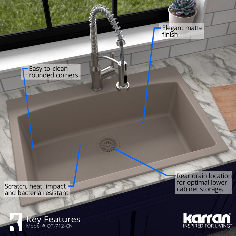 Karran Drop-In Quartz 33" 1-Hole Single Bowl Kitchen Sink, Concrete