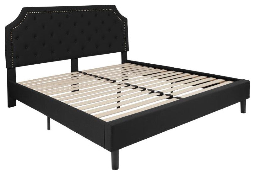 Roxbury Upholstered Platform Bed -10 Inch Foam & Pocket Spring Mattress, Black With Nail Trim, King