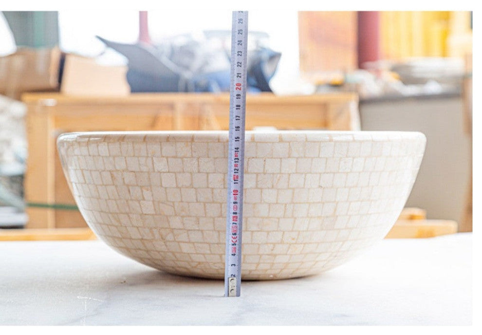 Botticino Marble Natural Stone Round Vessel Sink  (D)16" (H)6"