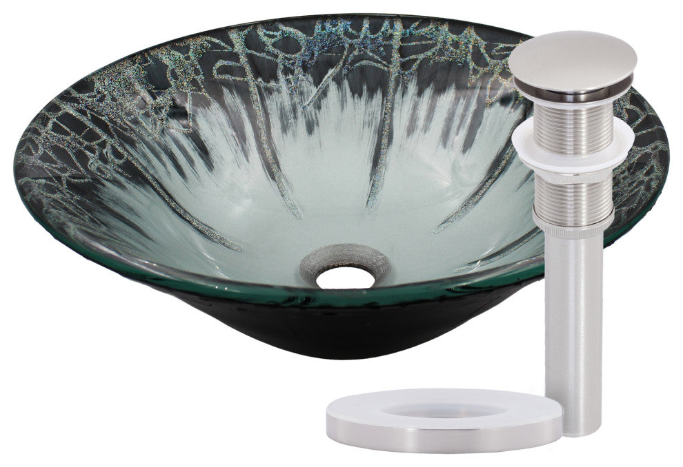 Novatto Credere Artsy Glass Vessel Bath Sink and Drain, Brushed Nickel