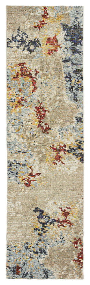 12' Runner Beige and Blue Abstract Power Loom Runner Rug