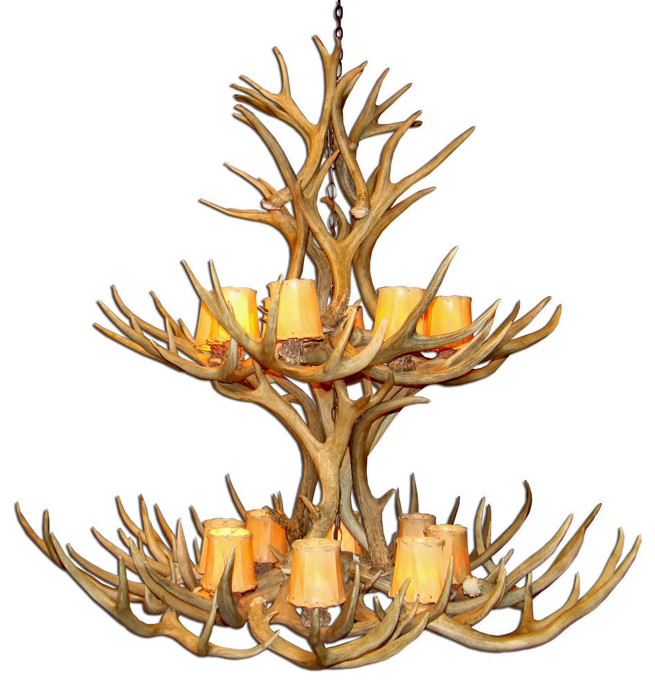 Mule Deer Double Tier Antler Chandelier Light, Extra Large, Rawhide Shades