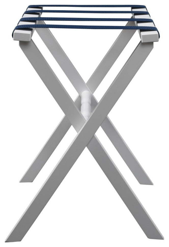 Hotel White Finish Wood Folding Luggage Rack With Navy Straps