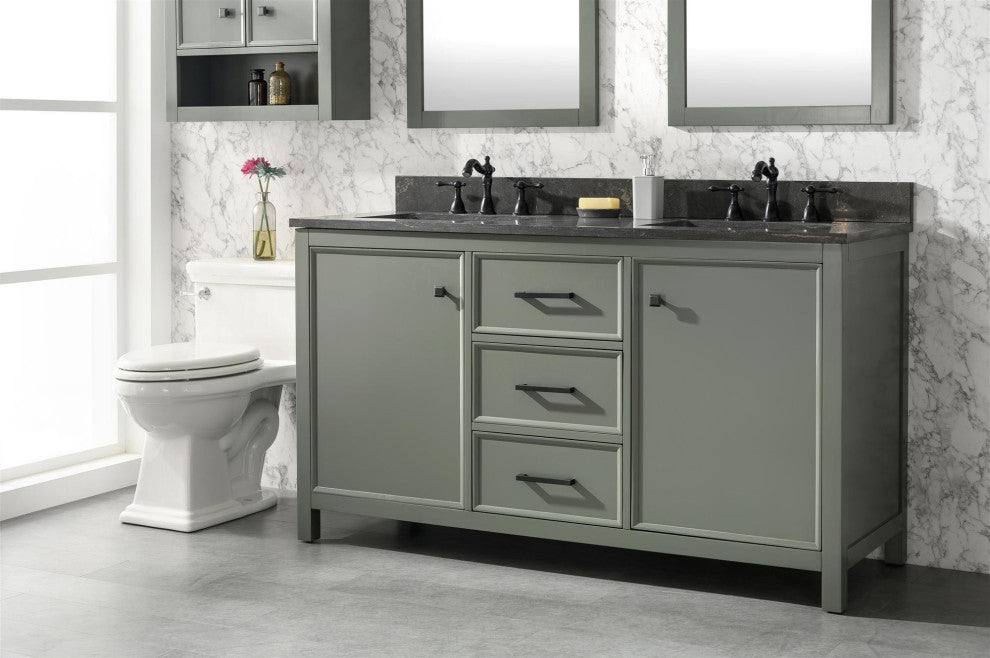 60" Double Sink Vanity Cabinet, Carrara White Top, Pewter Green