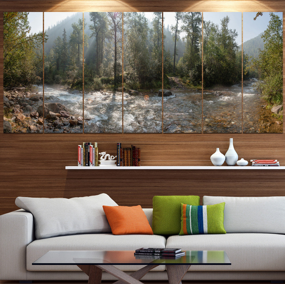 Mountain River Panorama, Landscape Canvas Art Print, 83"x32", 7 Panels
