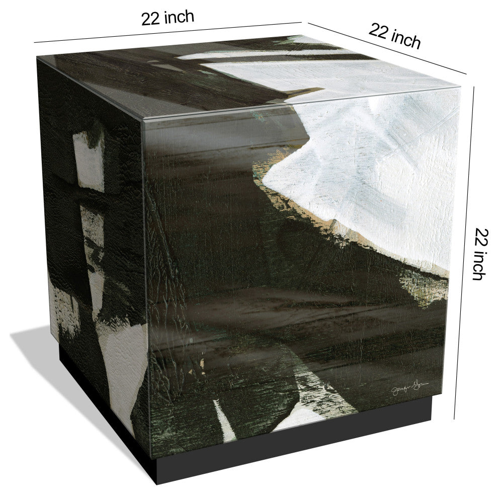"Ode an Kline" Printed Art Glass Cocktail Table with Black Plinth Base Set of 2