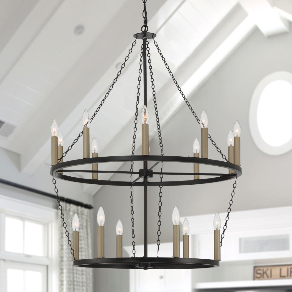 16-Light Candle Style Wagon Wheel Chandelier, Classic Black/Brass Dust