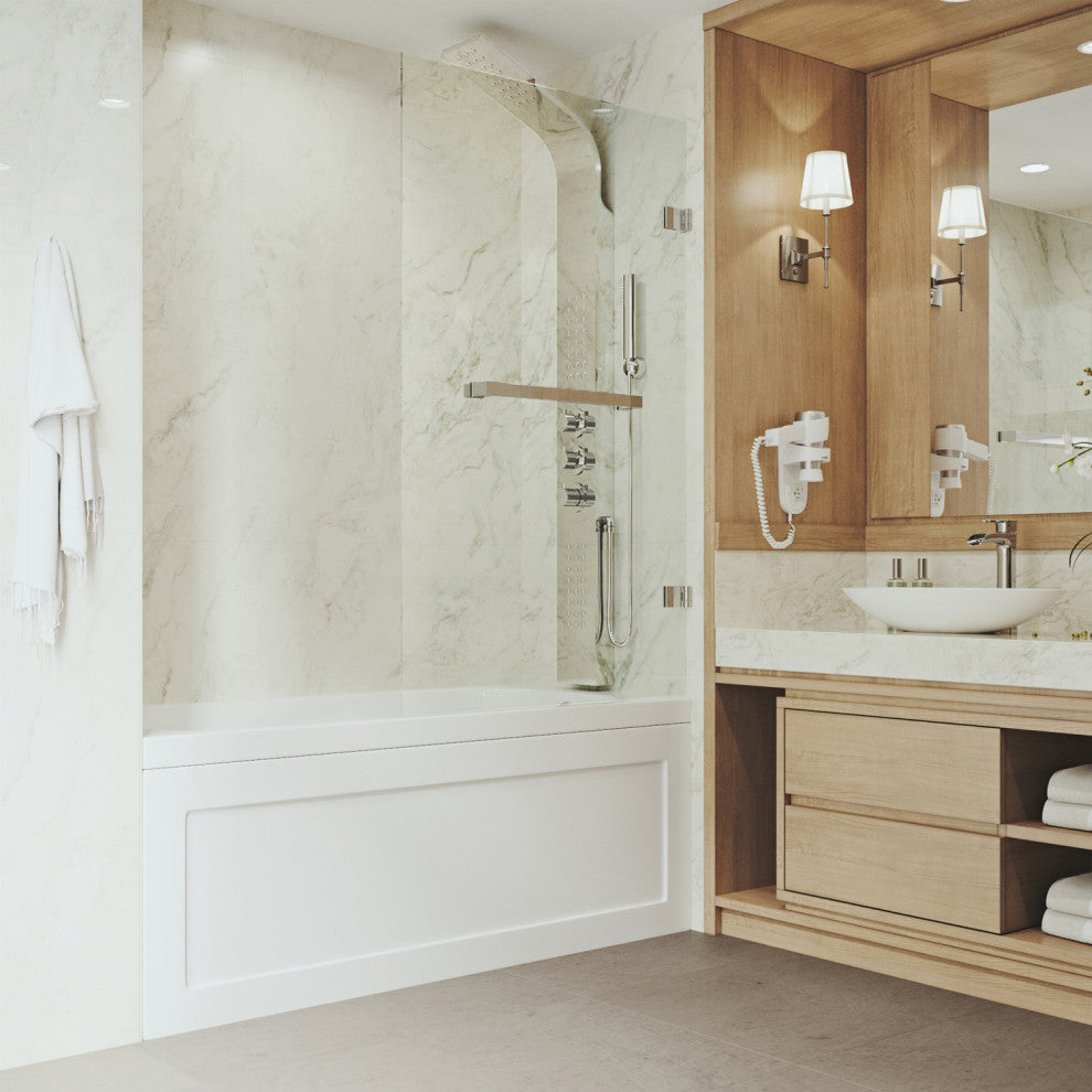VIGO Rialto 34" W x 58" H Frameless Hinged Tub Door, Stainless Steel, Clear Glass