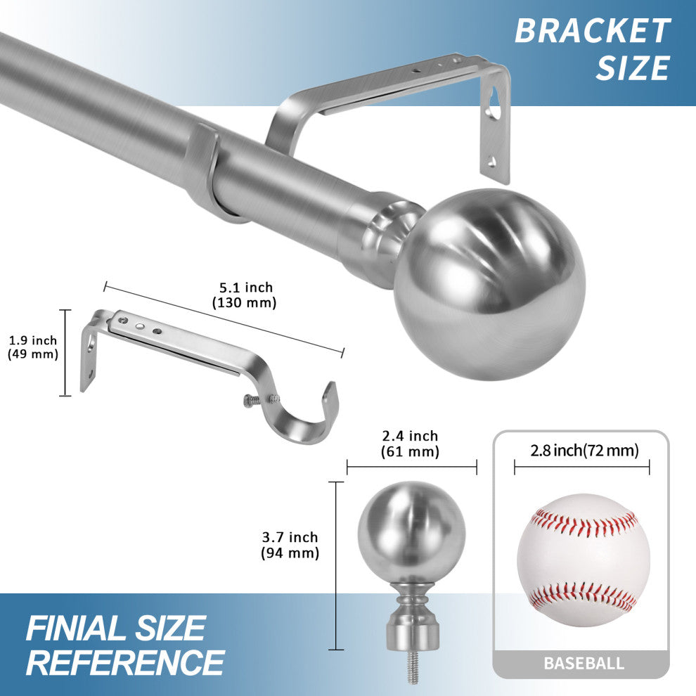 1" Steel Ball Drapery Curtain Rod, Brushed Steel, 48"-84"