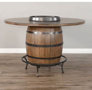 Unique Round 54" Counter Height Rustic Barrel Pub Table Warm Walnut