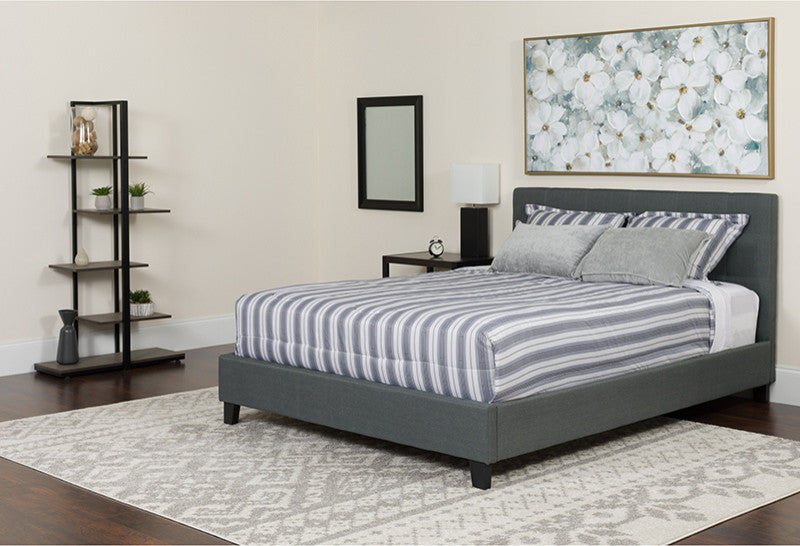 Queen Size Tufted Platform Bed in Dark Gray Fabric with Memory Foam Mattress