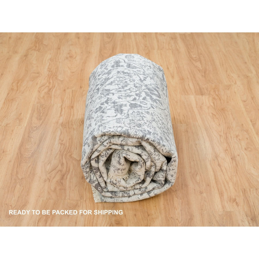 Ice Gray Wool and Silk Broken Design Hand Knotted Oriental Rug, 9'x12'2"