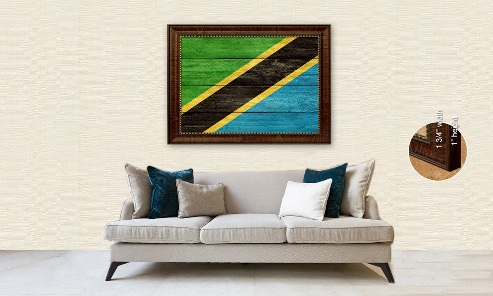 Tanzania Country Textured Flag Print With Brown Gold Frame, 15"X21"