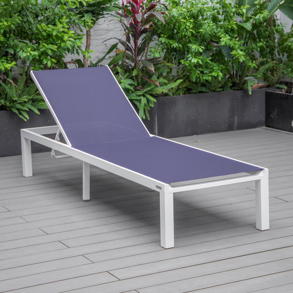 LeisureMod Marlin Patio Chaise Lounge Chair With White Frame, Navy Blue