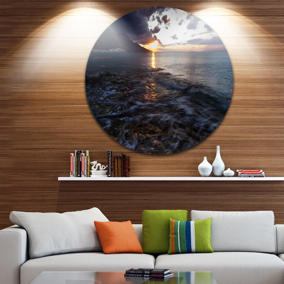 Gloomy Sea Coast At Sunrise, Modern Seashore Round Wall Art, 23"
