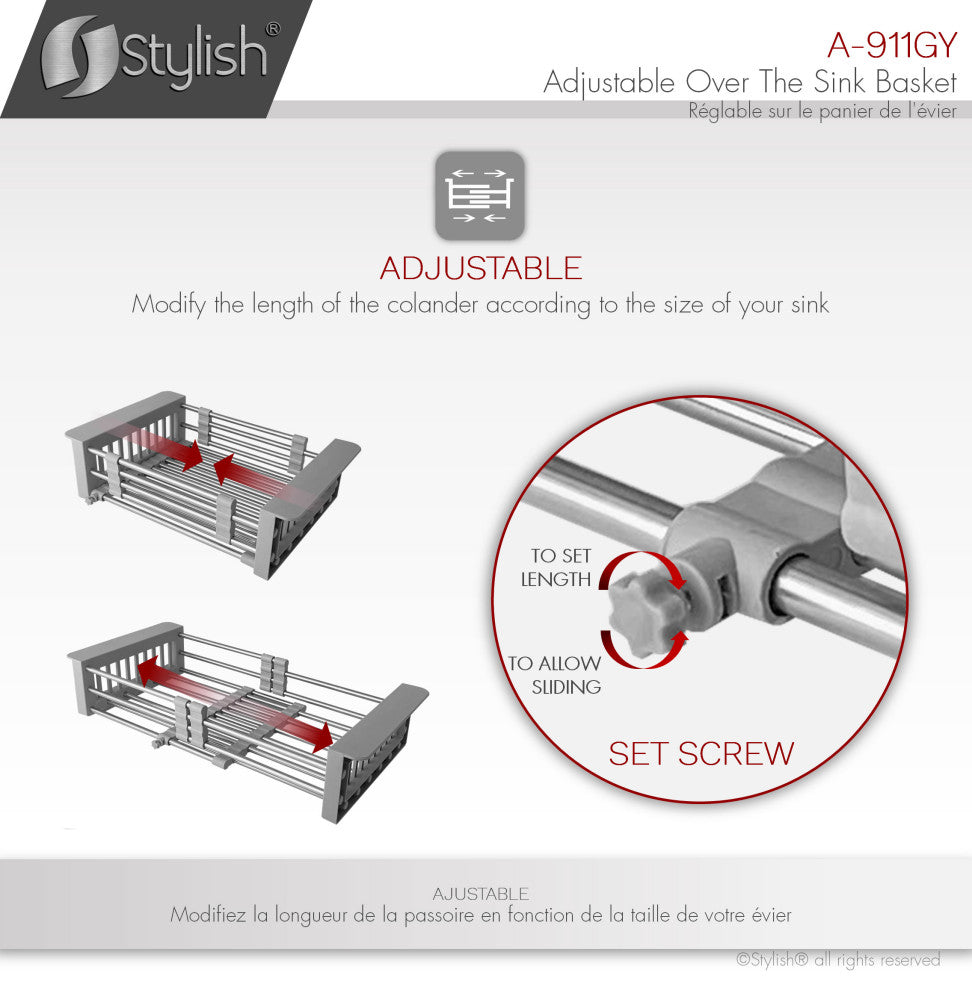 Stylish Adjustable Over the Sink Stainless Steel Dish or Vegetable Drainer