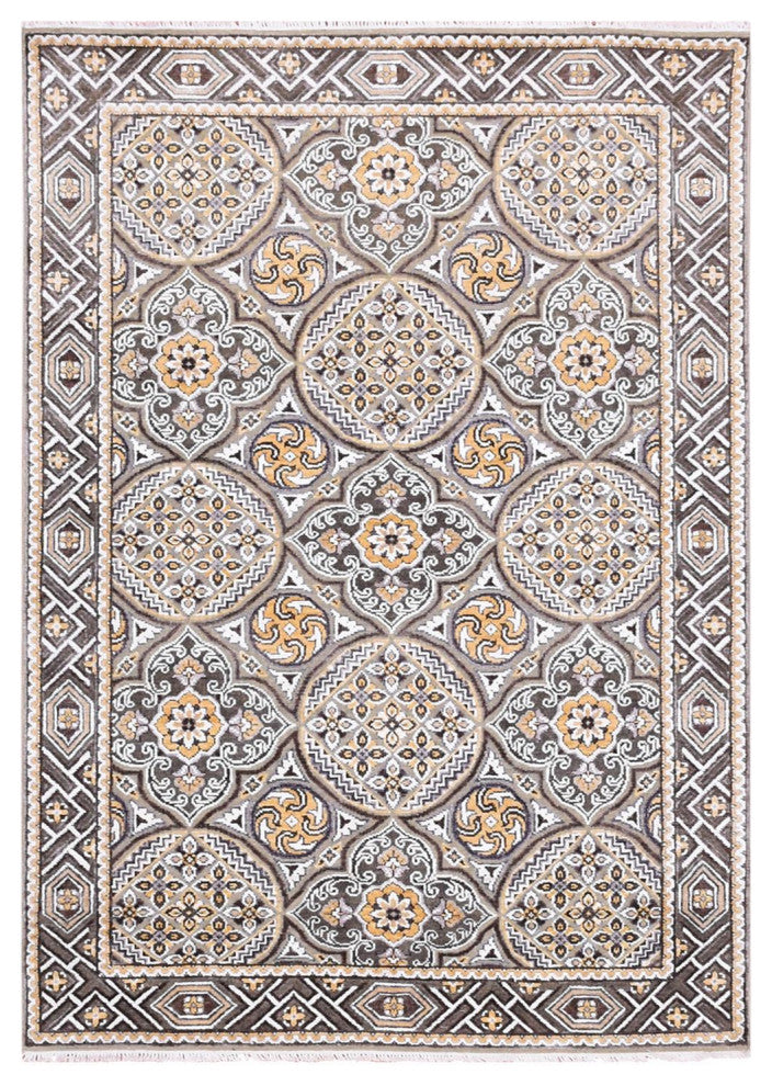 Taupe/Brown Textured Wool Silk Mughal Inspired Hand/Knotted Rug, 4'0"x6'2"
