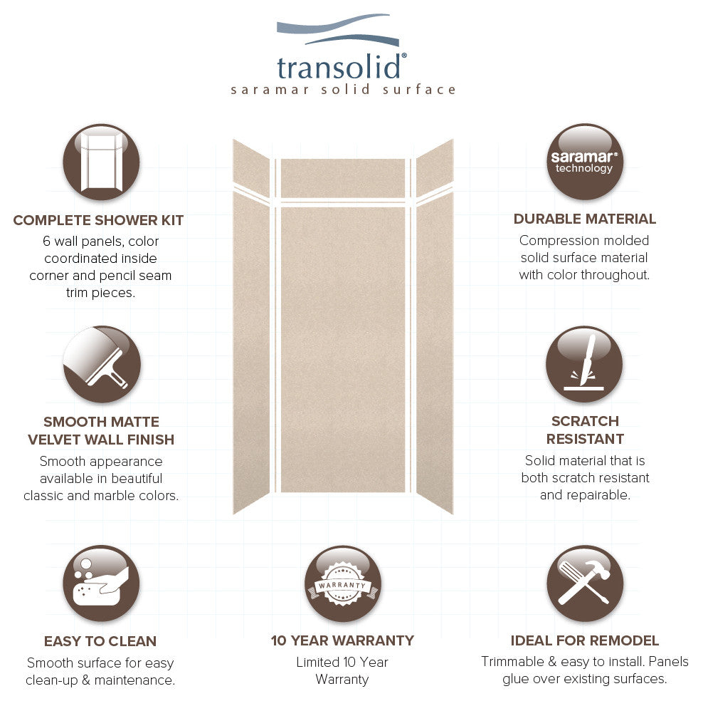 Transolid SaraMar 36"x36"x96" 6-Piece Shower Wall Kit, Cashew Velvet
