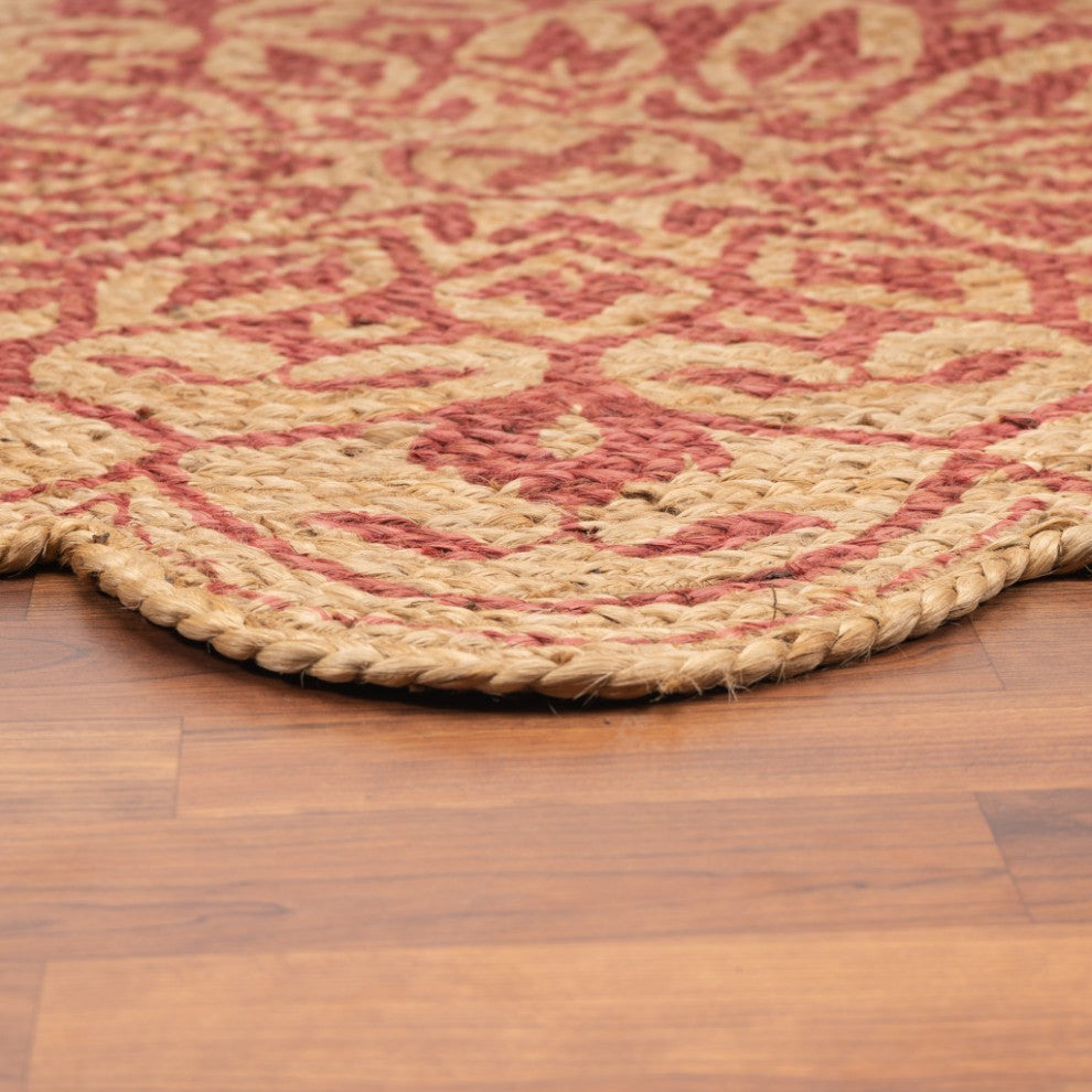 6" Round Tan and Red Boho Chic Area Rug
