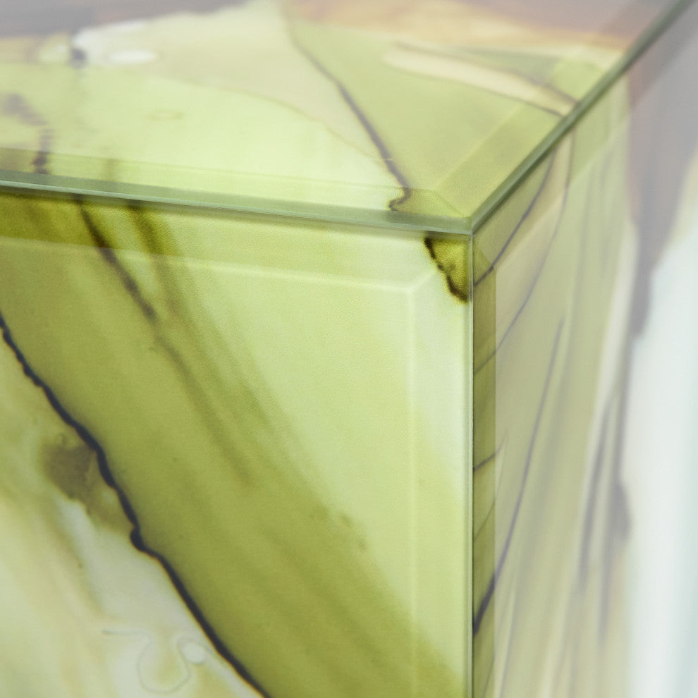 "Seaglass Garden I" Reverse Printed Art Glass Side Table with Black Plinth Base