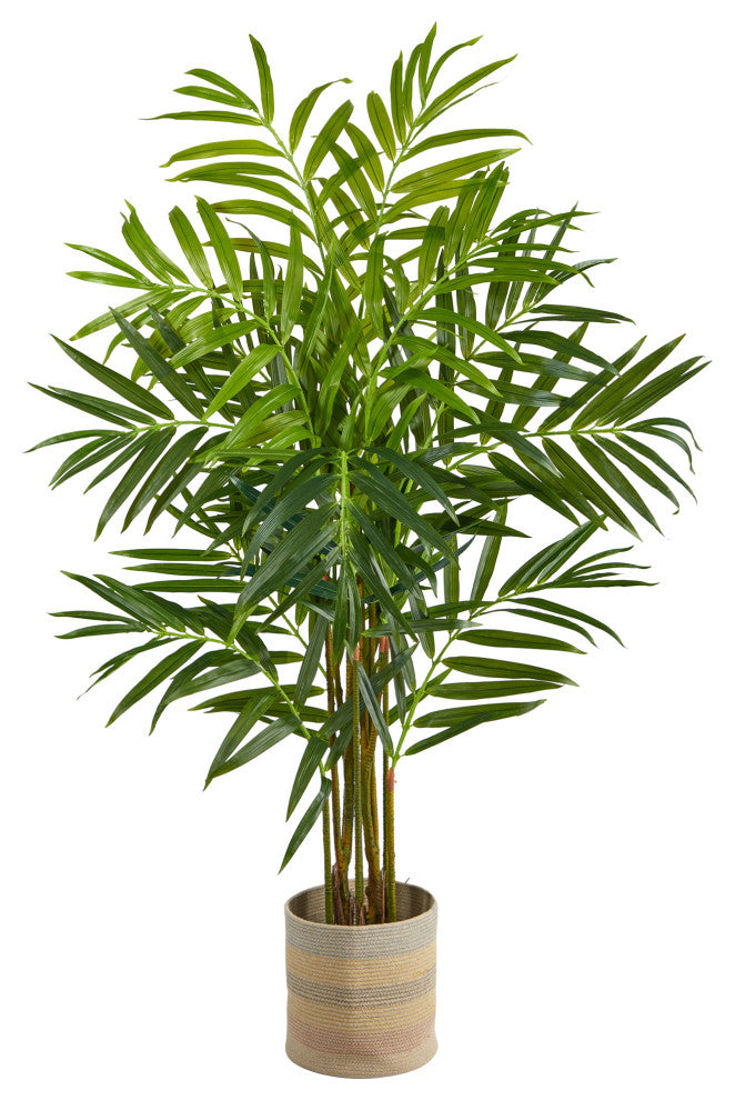 8' King Palm Artificial Tree, Handmade Natural Cotton Multicolored Woven Planter