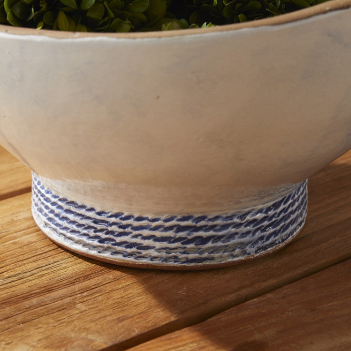 Coastal Blue White Rope Stripe Decorative Bowl Grecian Rustic Clay Ceramic