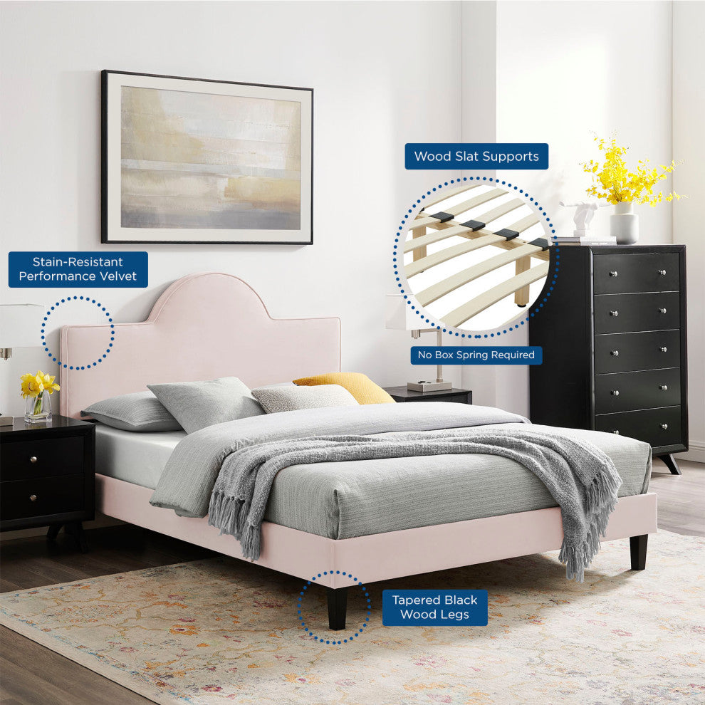 Platform Bed Frame, King Size, Pink, Velvet, Modern, Bedroom Master Guest Suite