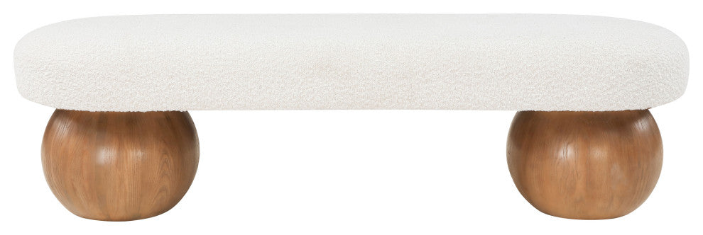 Meridian Furniture Bowie Boucle Fabric Upholstered Bench, Cream, Brown Finish